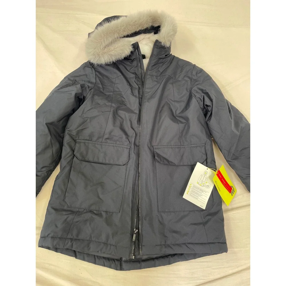 All In Motion Girls Parka Dark Gray Sherpa Lined Faux Fur Hood Winter Jacket